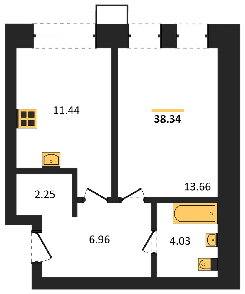 Планировка: 1-комн., 38,3 м²