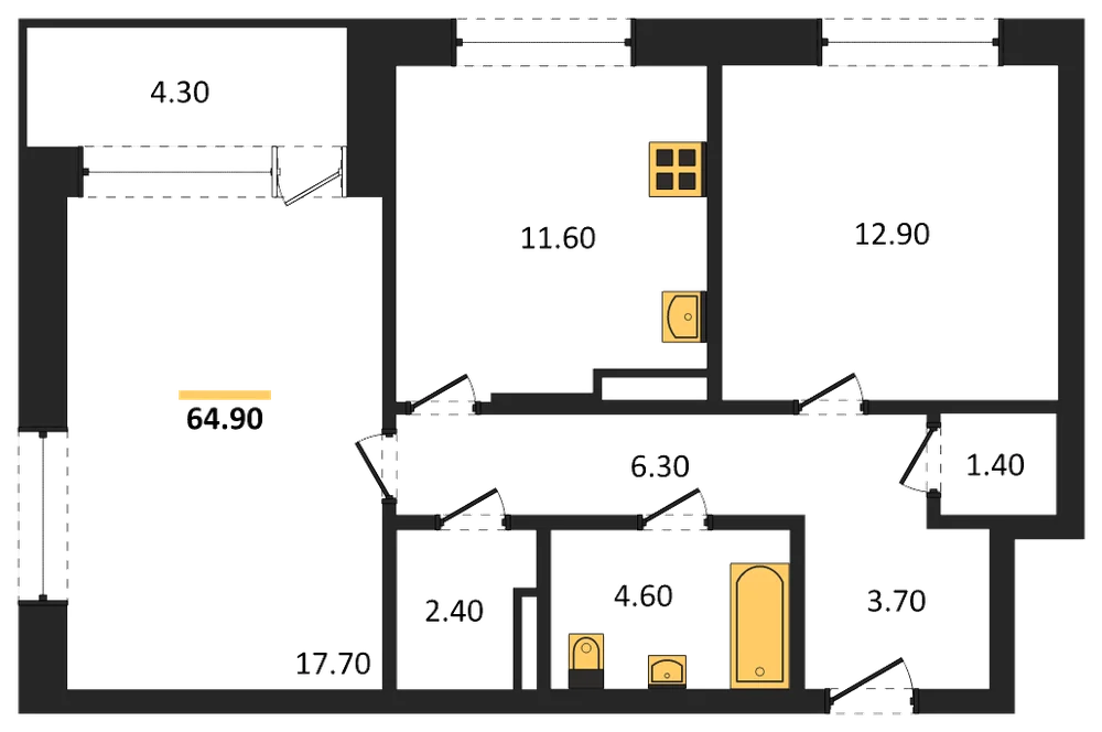 Планировка: 2-комн., 64,9 м²