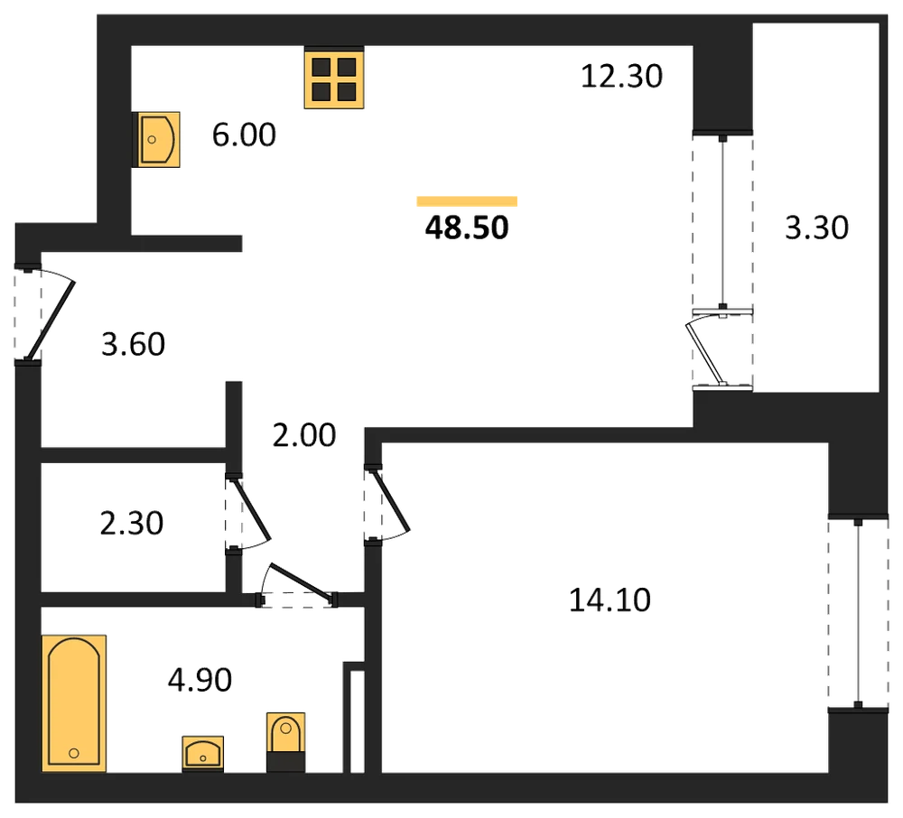 Планировка: 1-комн., 48,5 м²