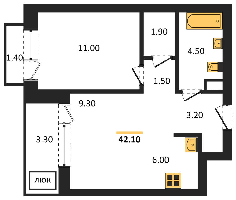 Планировка: 1-комн., 42,1 м²
