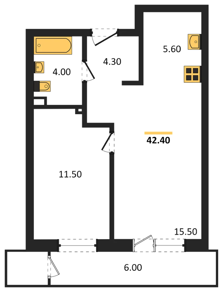 Планировка: 1-комн., 42,7 м²