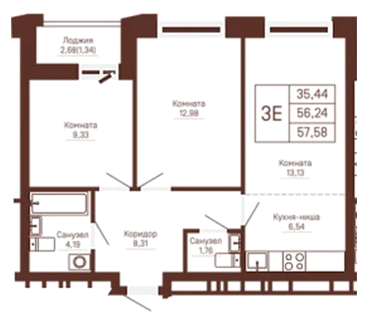 Планировка: 2-комн., 57,6 м²