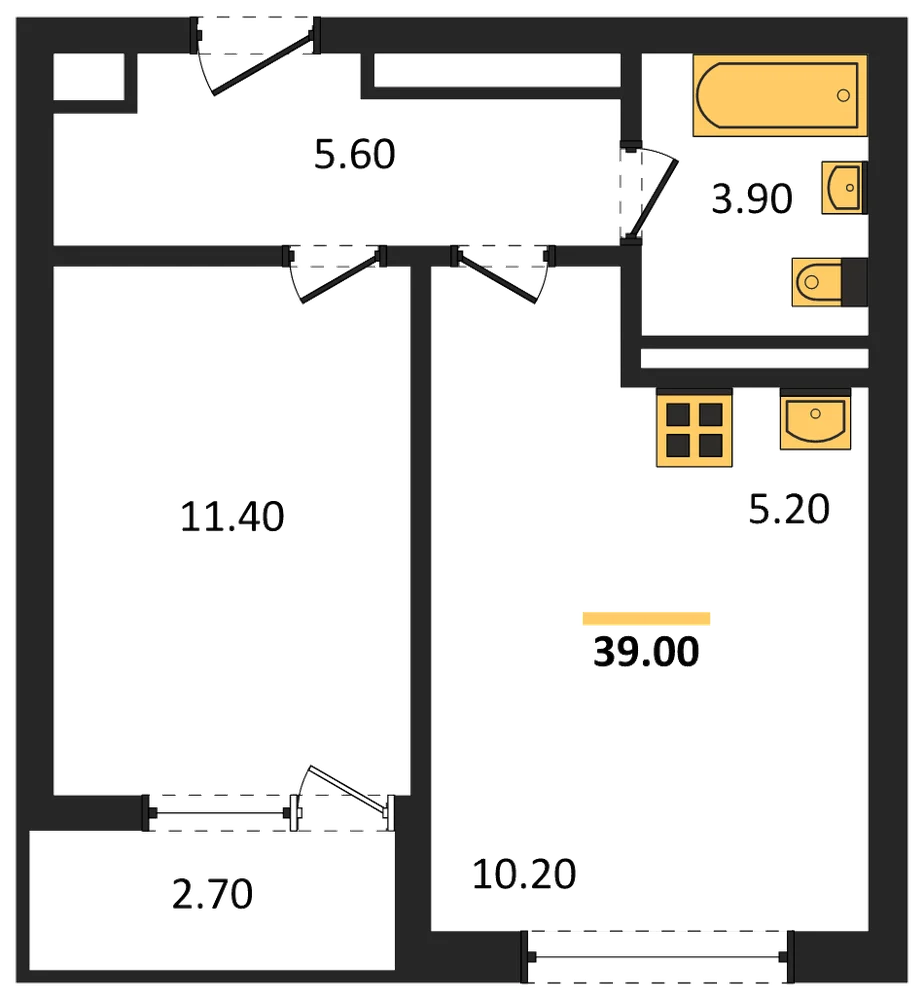Планировка: 1-комн., 39 м²