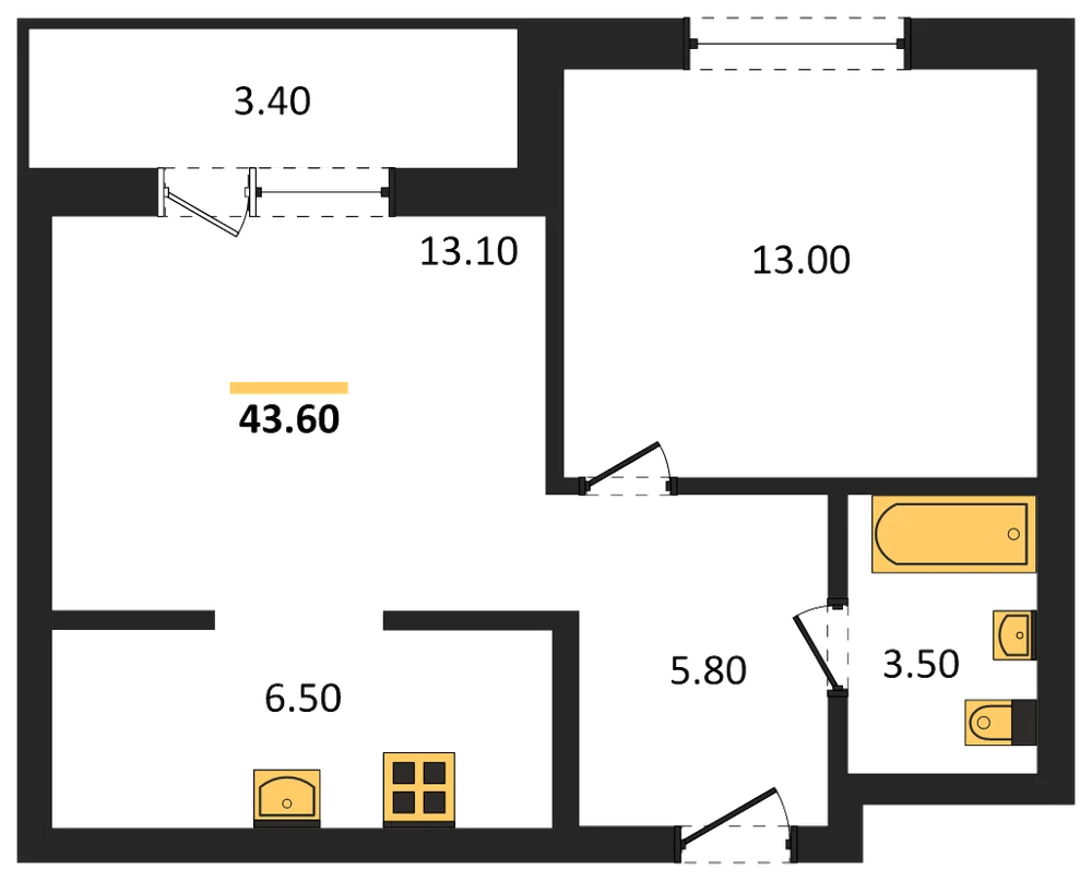 Планировка: 1-комн., 43,6 м²