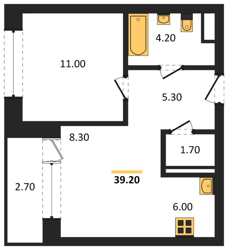 Планировка: 1-комн., 39,2 м²