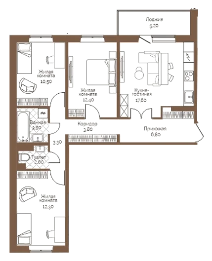 Планировка: 3-комн., 74,8 м²
