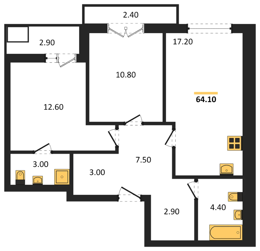 Планировка: 2-комн., 64,1 м²