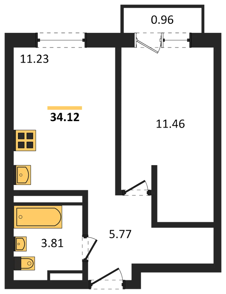 Планировка: 1-комн., 32,6 м²