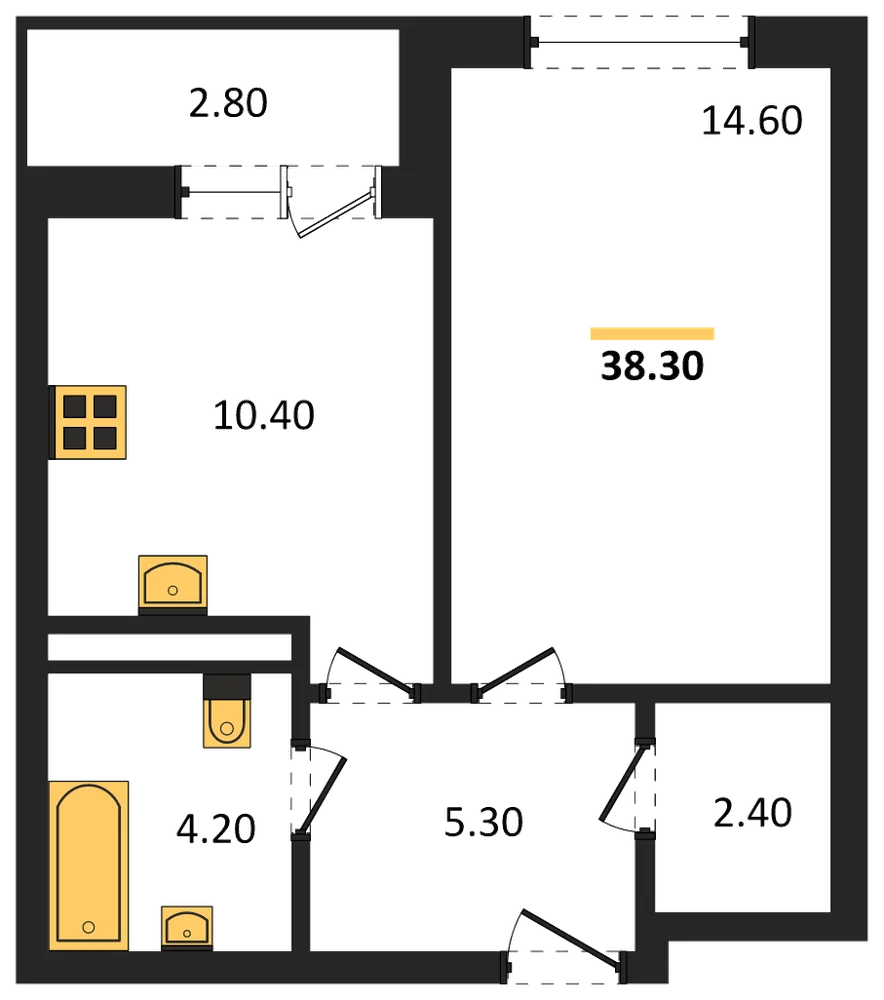 Планировка: 1-комн., 38,3 м²