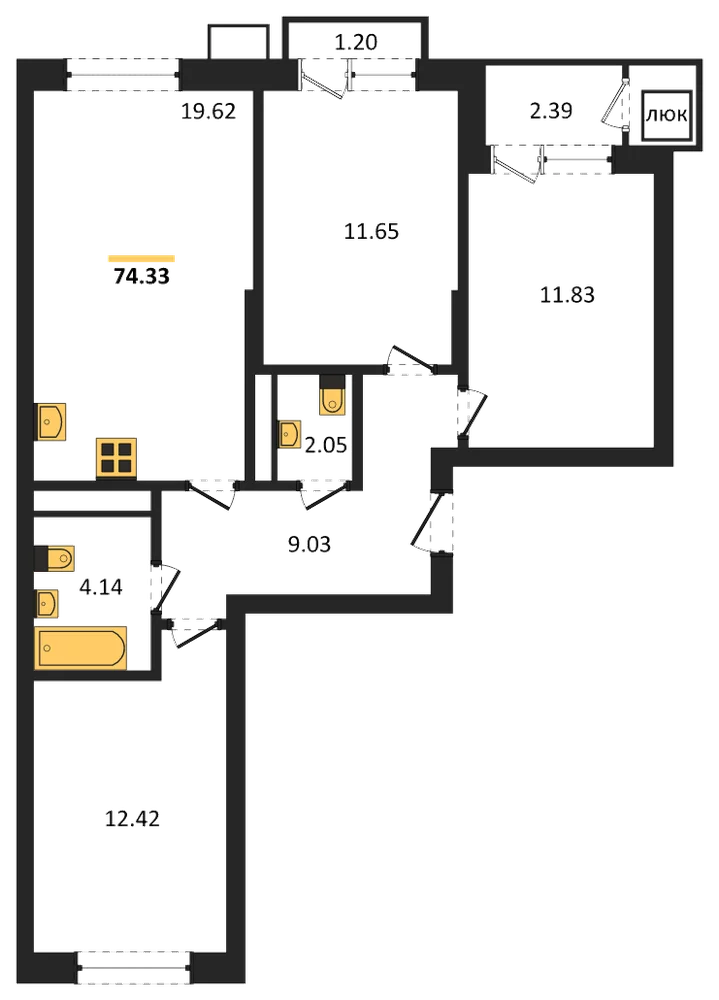 Планировка: 3-комн., 74,3 м²