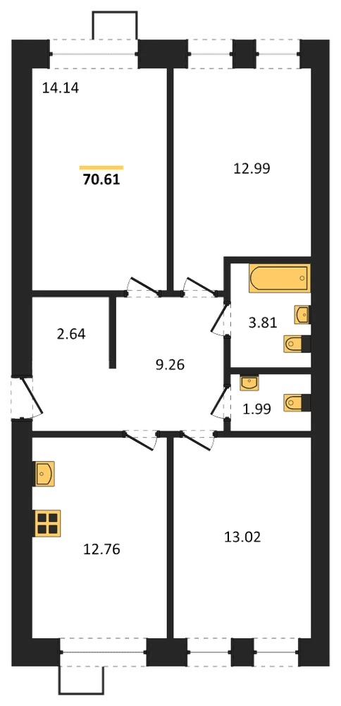 Планировка: 3-комн., 70,6 м²