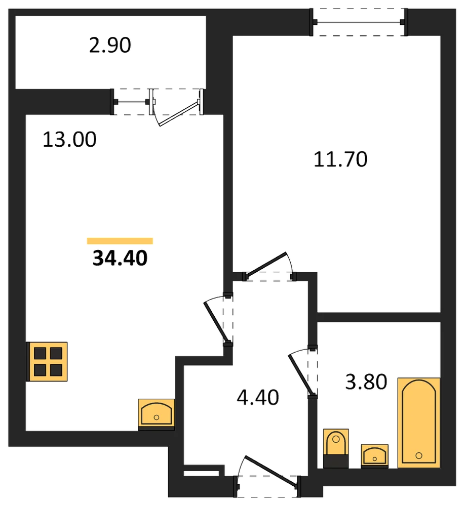 Планировка: 1-комн., 34,4 м²