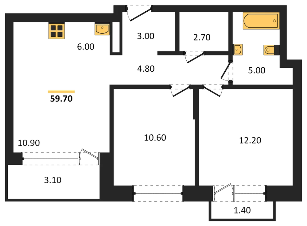 Планировка: 2-комн., 59,7 м²