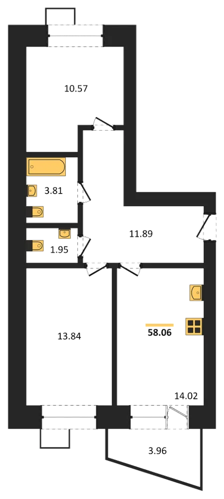Планировка: 2-комн., 57,9 м²