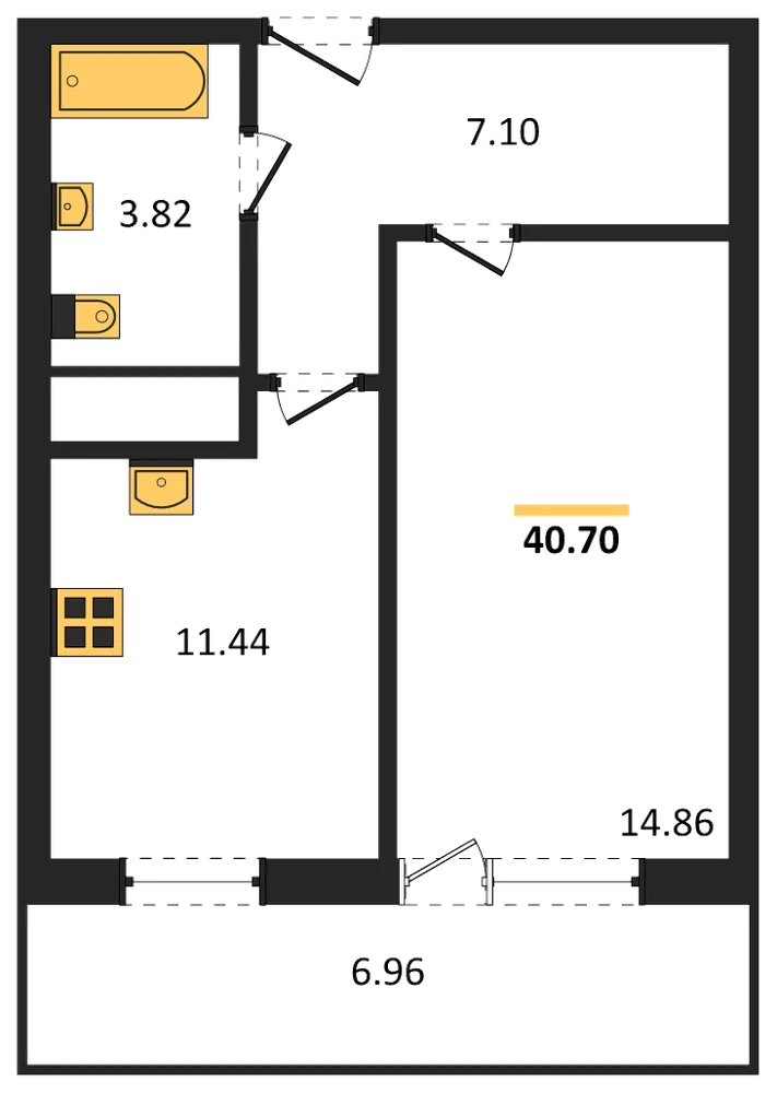 Планировка: 1-комн., 40,7 м²