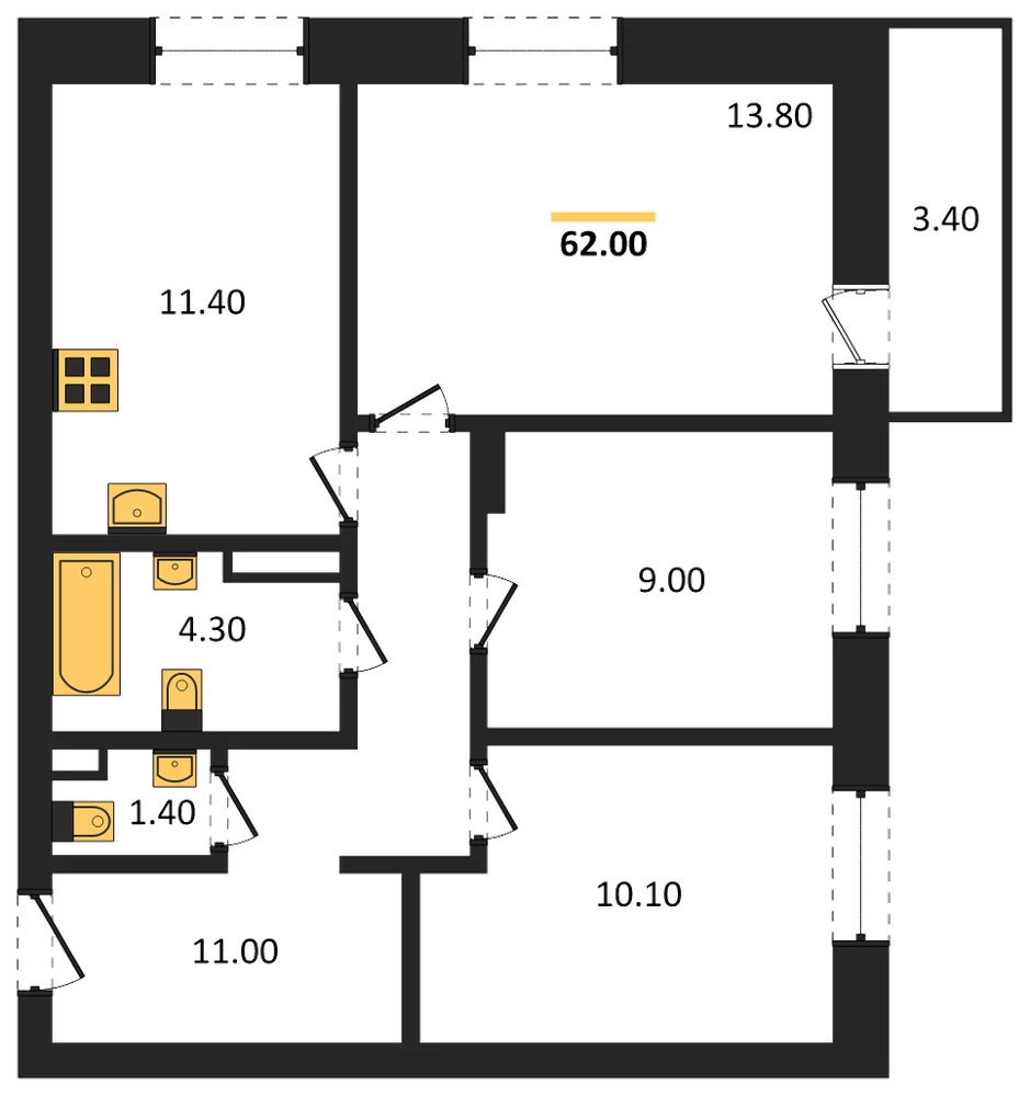 Планировка: 3-комн., 60,6 м²