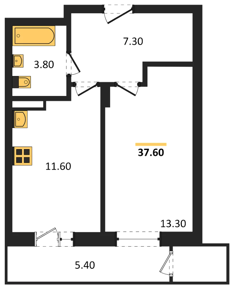Планировка: 1-комн., 37,6 м²