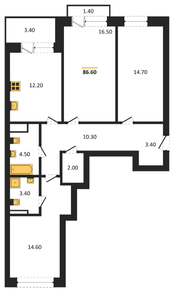Планировка: 3-комн., 86,6 м²