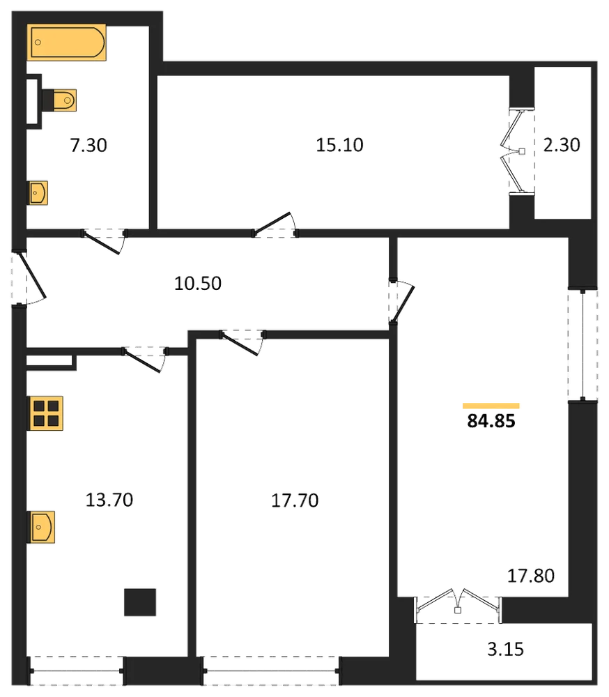 Планировка: 3-комн., 84,9 м²