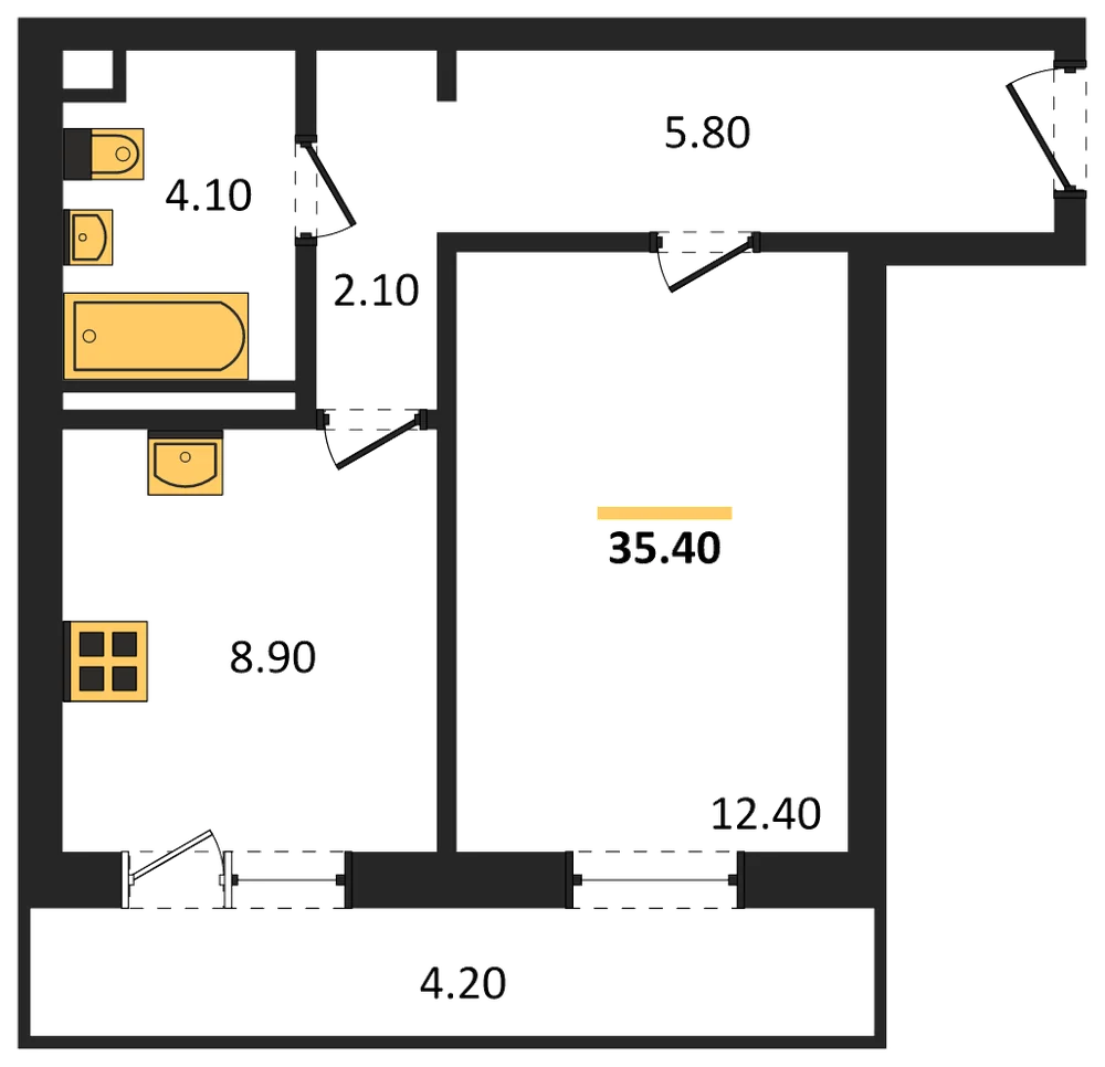 Планировка: 1-комн., 35,4 м²