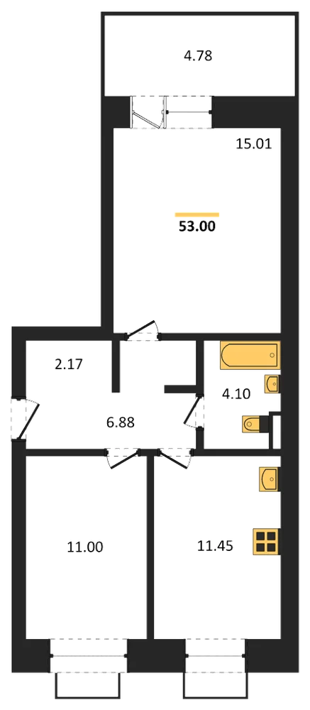 Планировка: 2-комн., 53 м²