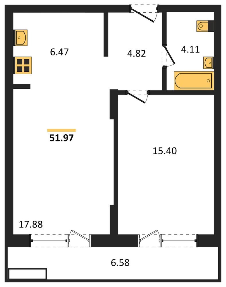 Планировка: 1-комн., 52 м²