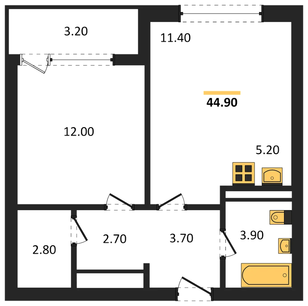 Планировка: 1-комн., 44,9 м²