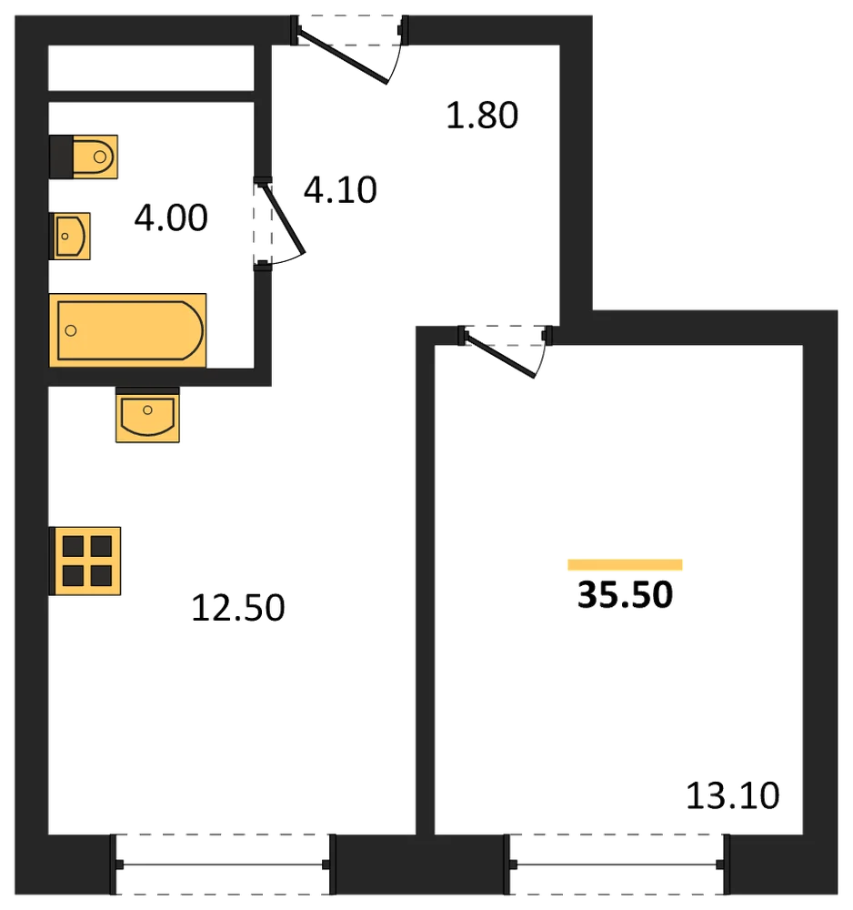 Планировка: 1-комн., 35,5 м²