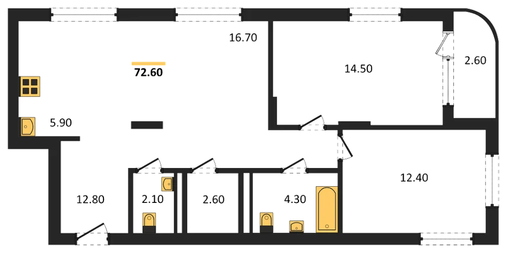 Планировка: 2-комн., 72,6 м²