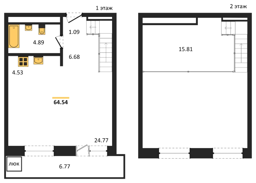 Планировка: 1-комн., 64,5 м²