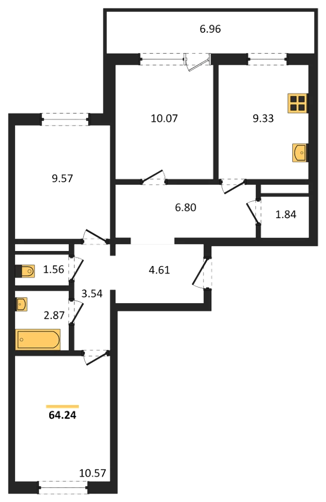 Планировка: 3-комн., 64,2 м²