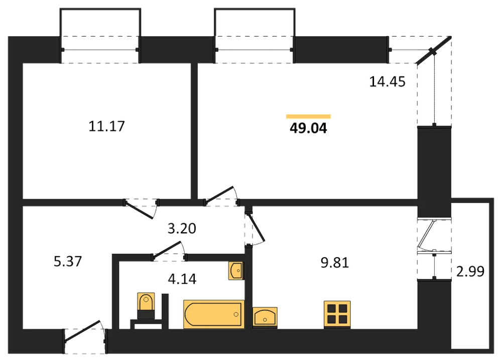 Планировка: 2-комн., 49 м²