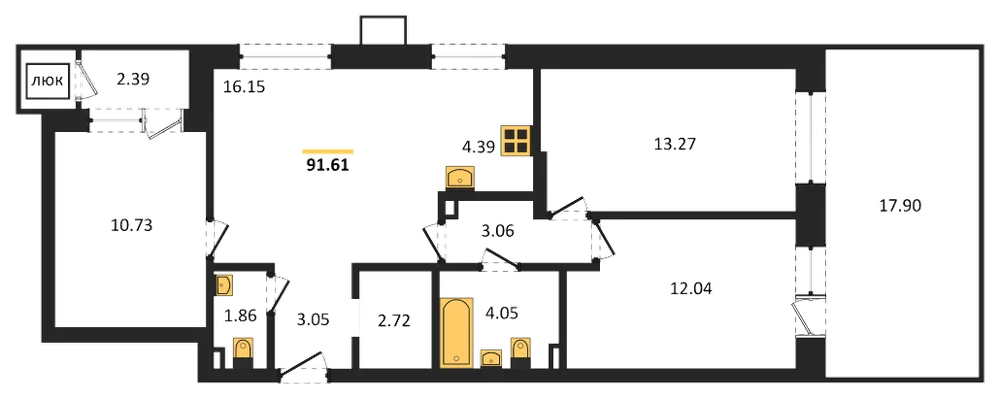 Планировка: 3-комн., 91,6 м²