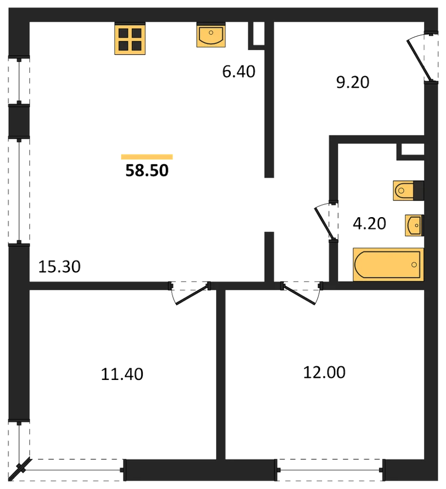 Планировка: 2-комн., 58,5 м²