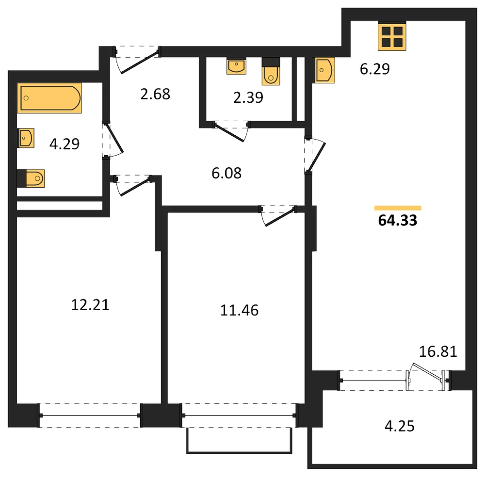 Планировка: 2-комн., 64,3 м²