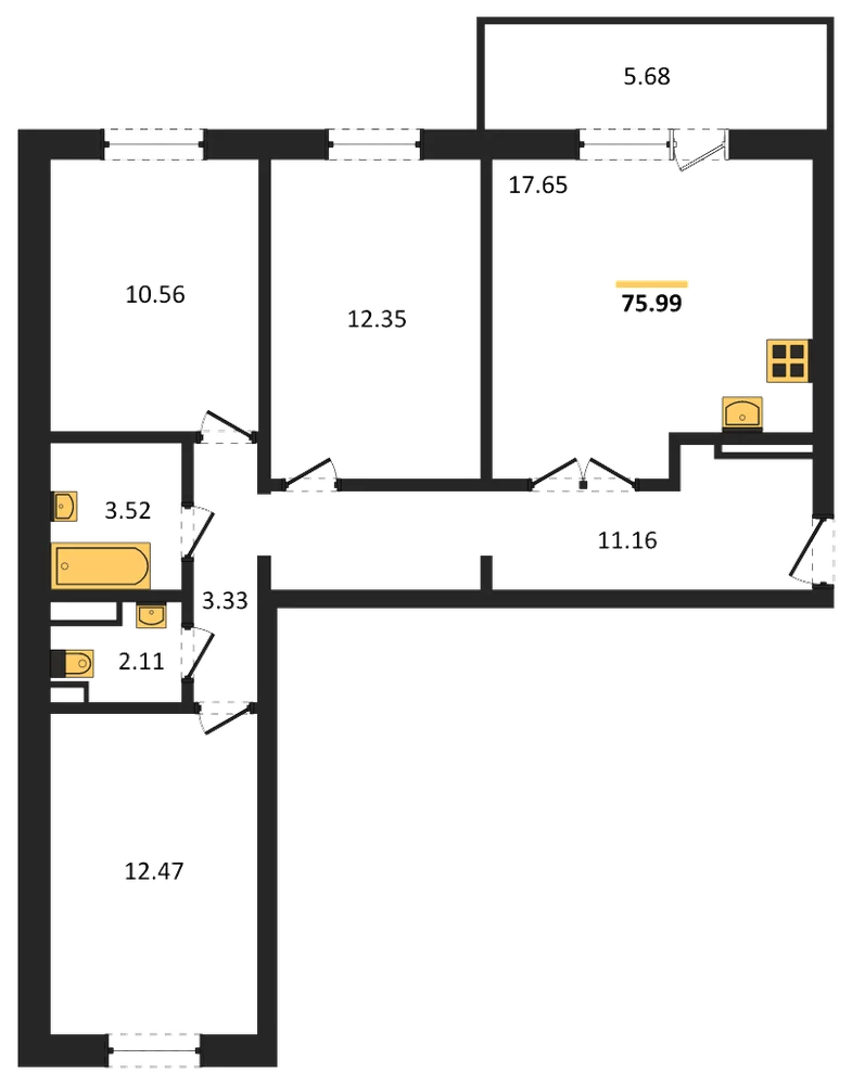 Планировка: 3-комн., 76 м²