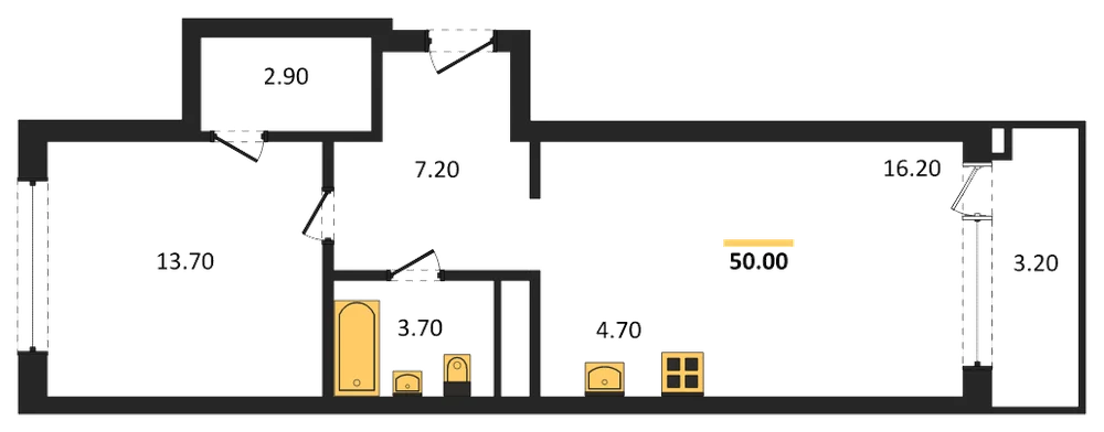 Планировка: 1-комн., 50 м²