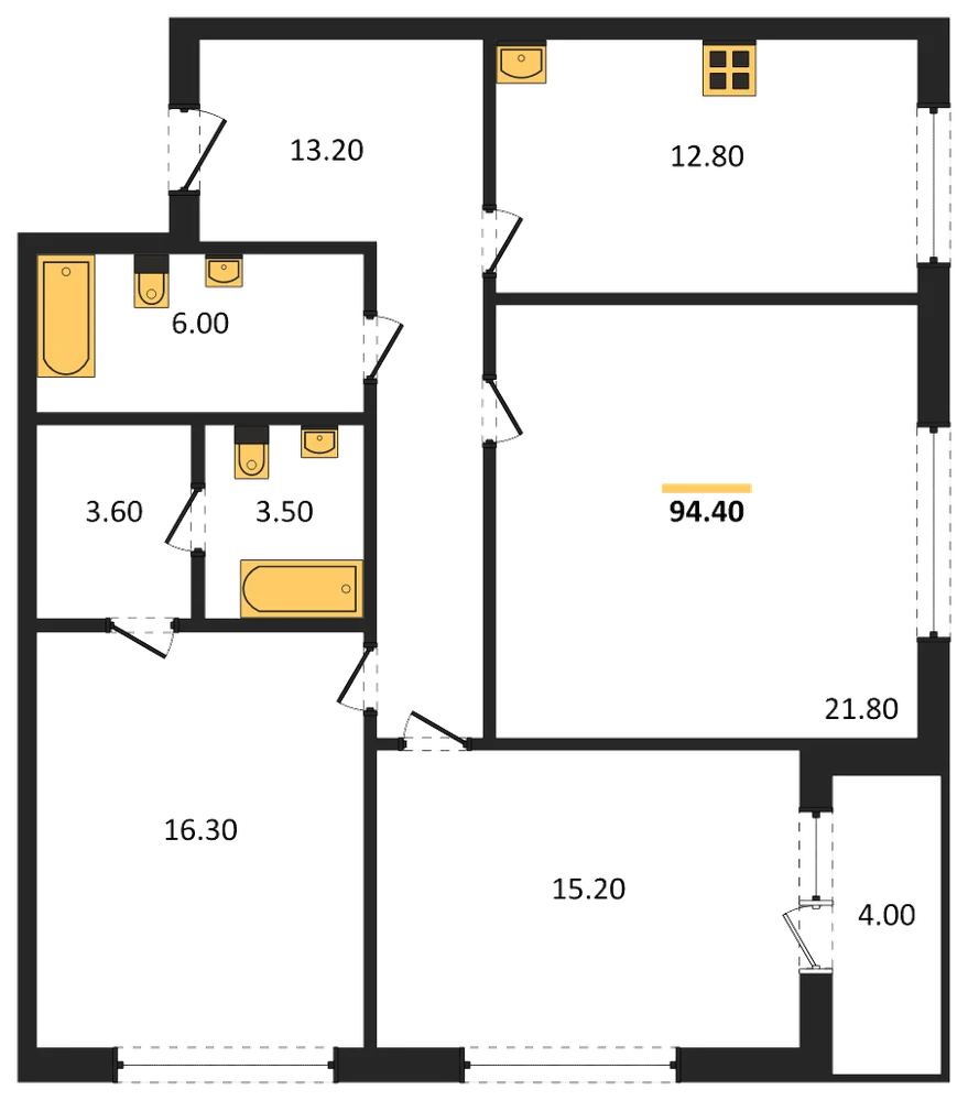 Планировка: 3-комн., 94,4 м²