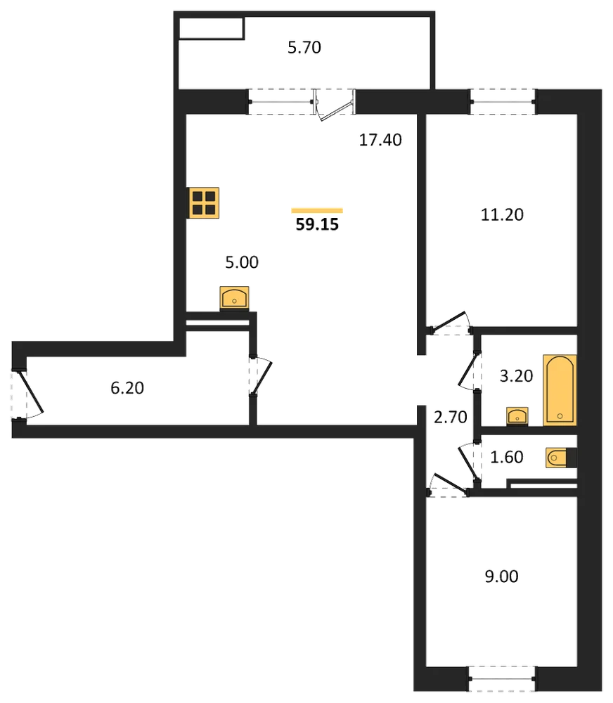Планировка: 2-комн., 59,2 м²
