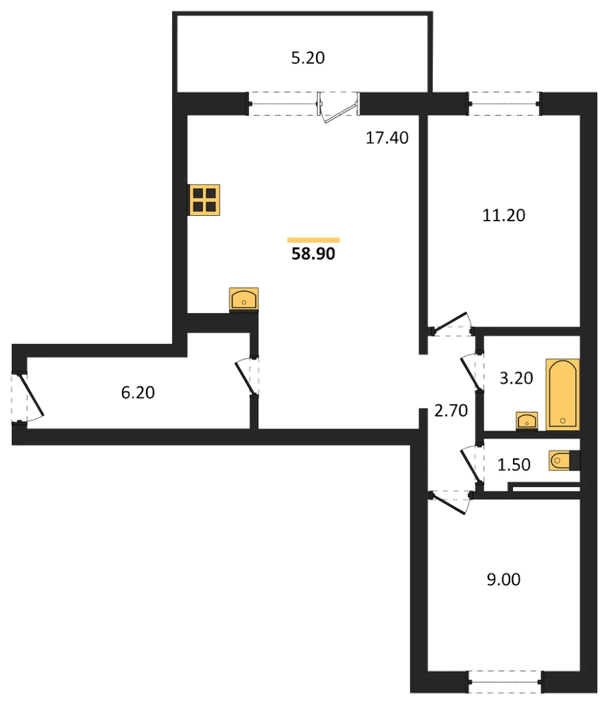 Планировка: 2-комн., 58,9 м²