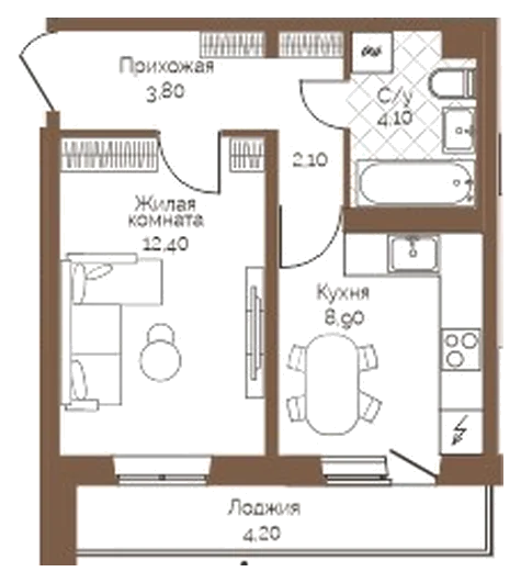Планировка: 1-комн., 33,4 м²