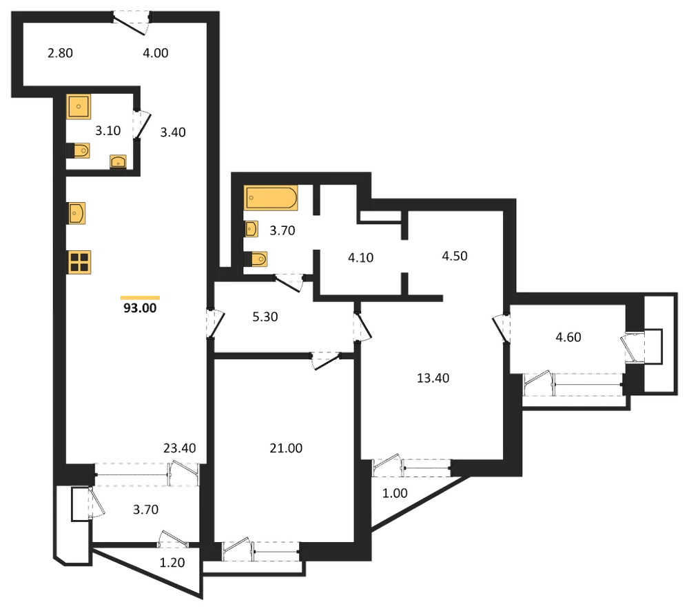 Планировка: 2-комн., 93 м²