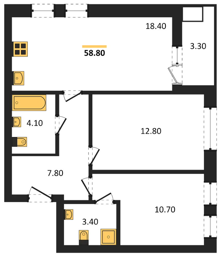 Планировка: 2-комн., 58,8 м²