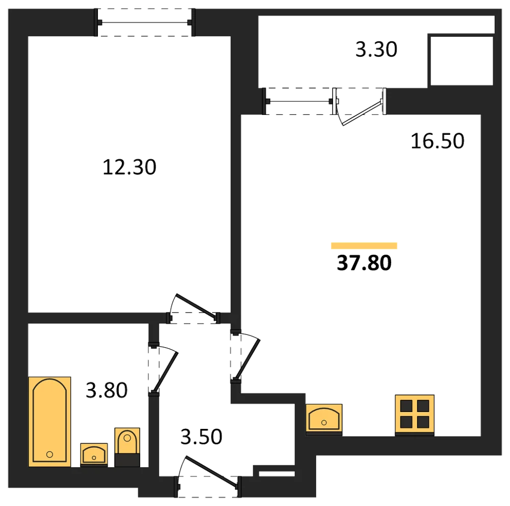 Планировка: 1-комн., 37,8 м²