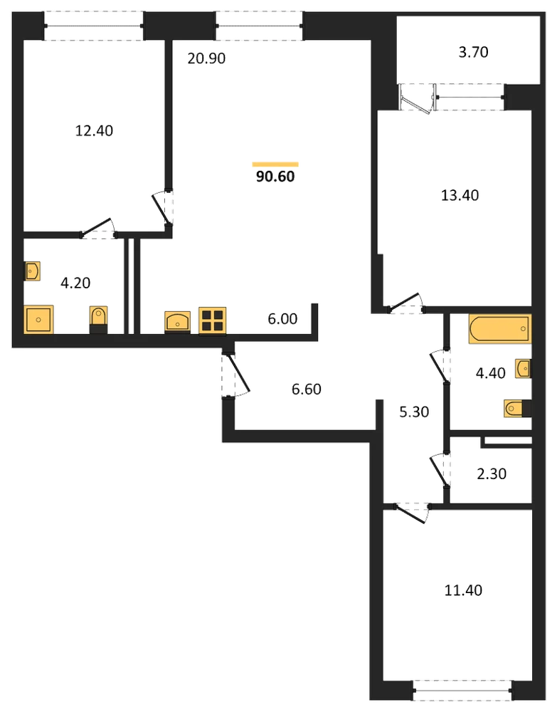 Планировка: 3-комн., 90,6 м²