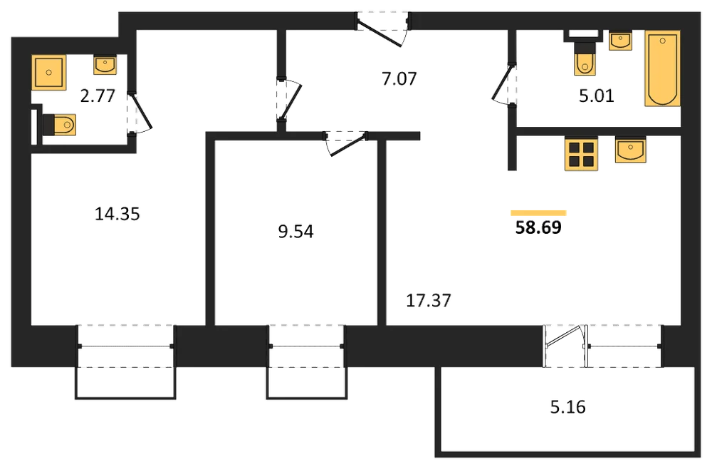 Планировка: 2-комн., 58,7 м²