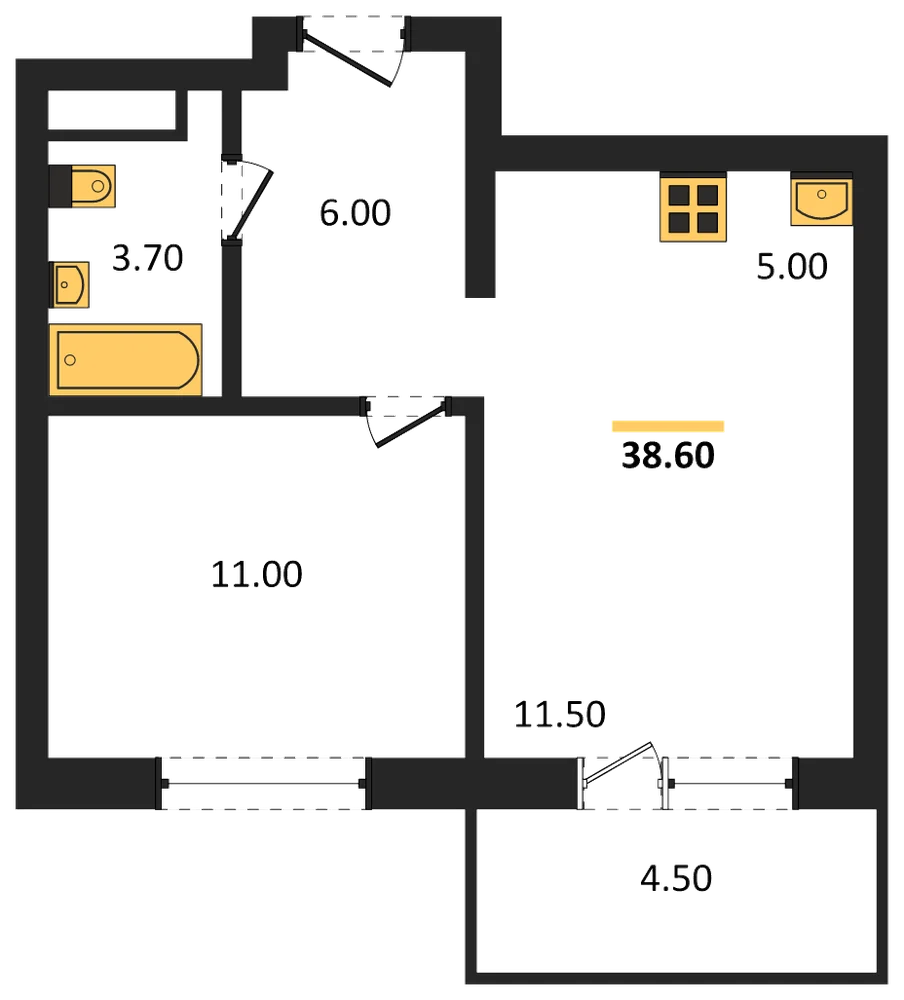 Планировка: 1-комн., 38,6 м²