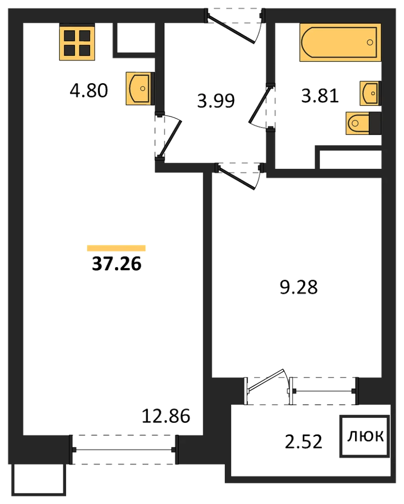 Планировка: 1-комн., 37,3 м²