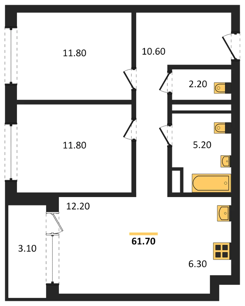 Планировка: 2-комн., 61,7 м²