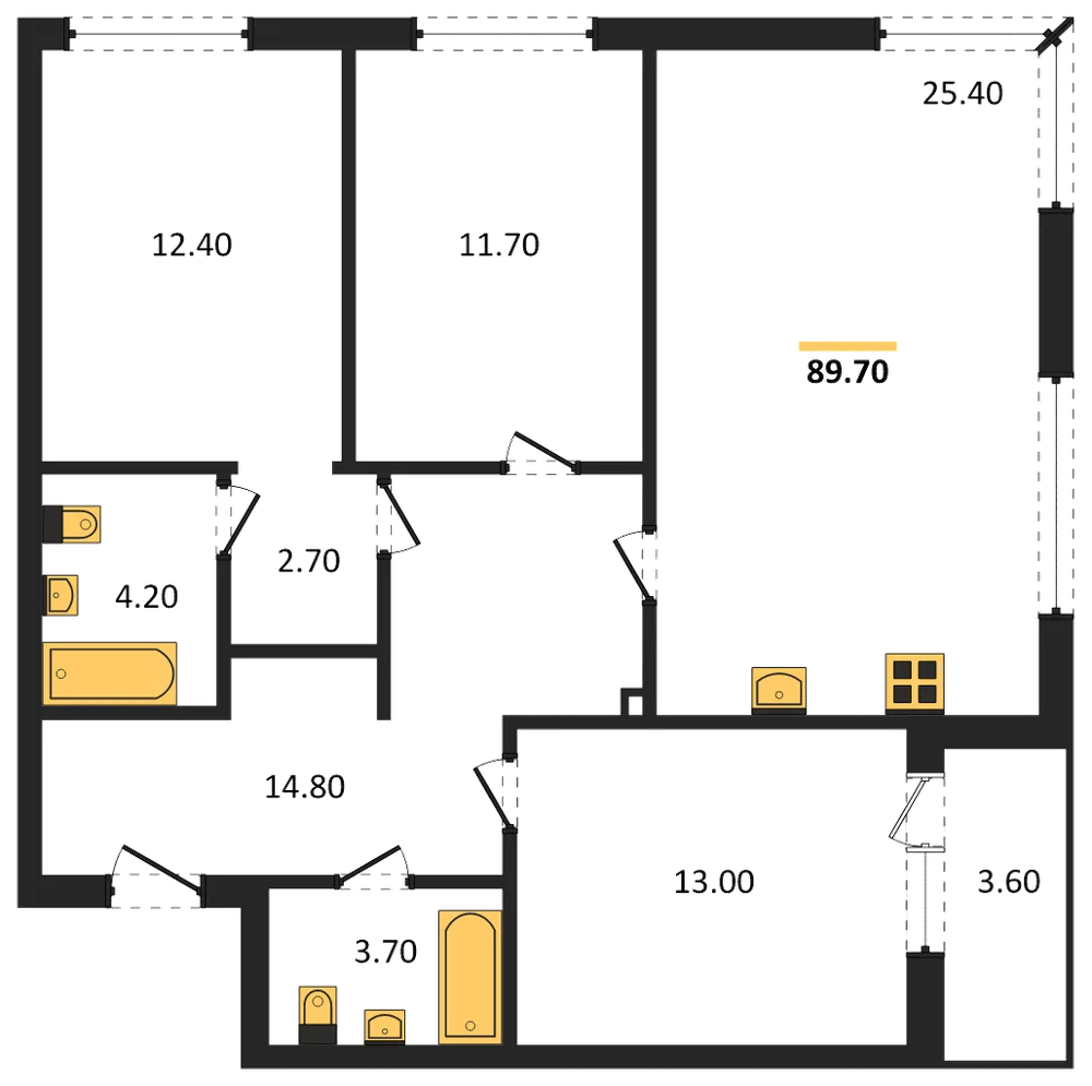 Планировка: 3-комн., 89,7 м²